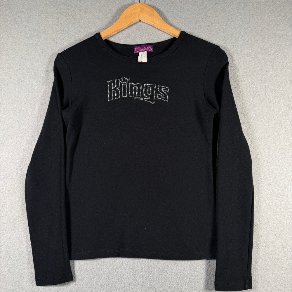 Vintage Tracy's Womens Kings‎ Rhinestone Long Sleeve Ribbed Shirt Black Size M